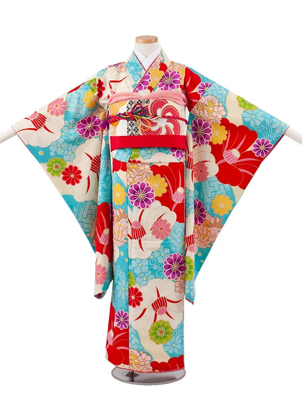 ジュニア着物 水色地 椿 菊 9059