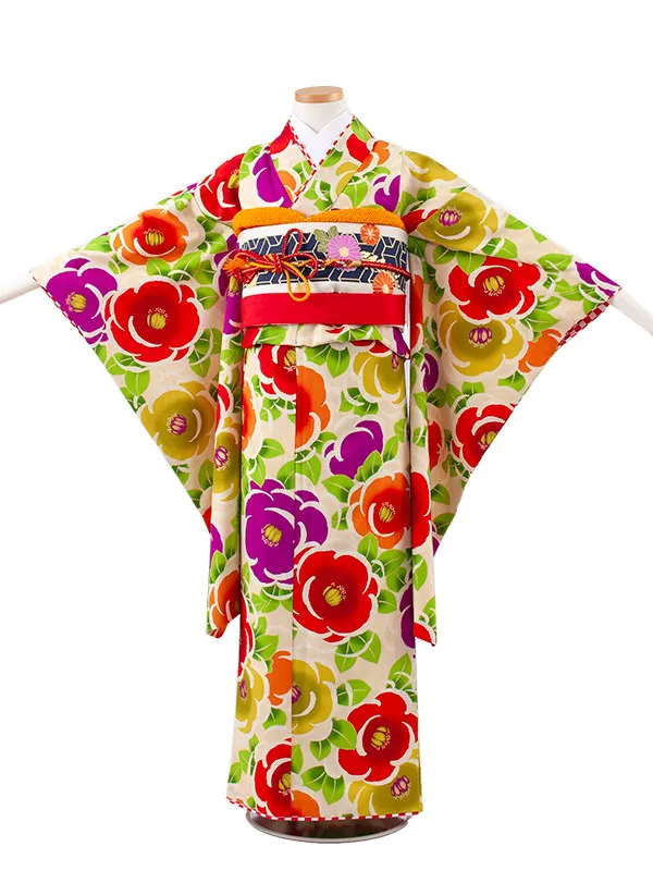 ジュニア着物 ベージュ 椿 9061