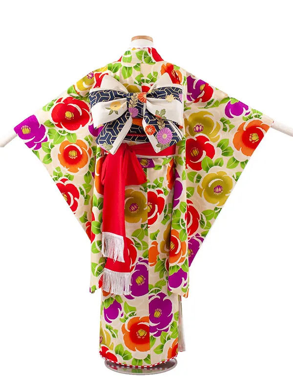 ジュニア着物 ベージュ 椿 9061