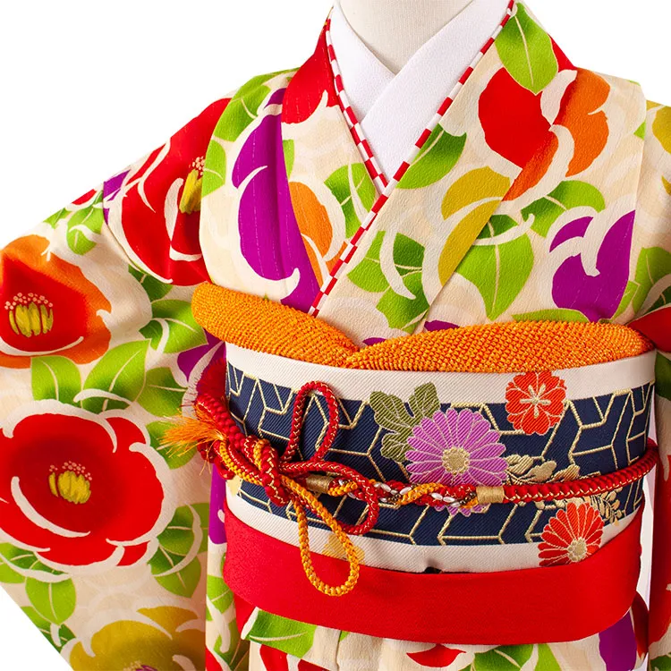 ジュニア着物 ベージュ 椿 9061