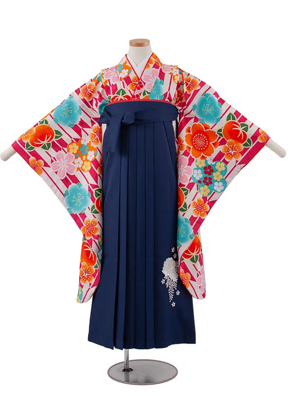 小学校卒業式かんたん袴（女の子） 赤地 矢絣 桜 A002
