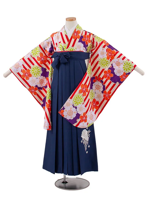 小学校卒業式かんたん袴（女の子） 赤×クリーム 桜菊 A003