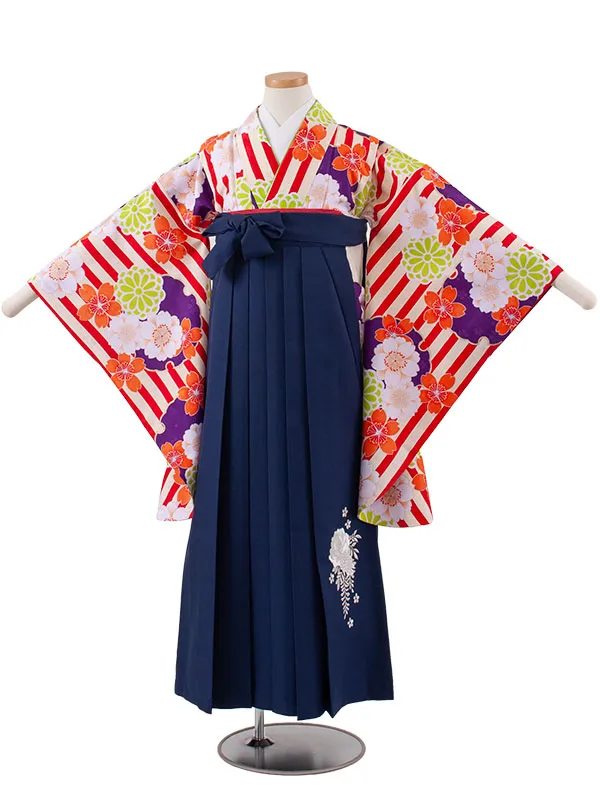 小学校卒業式かんたん袴（女の子） 赤×クリーム 桜菊 A003