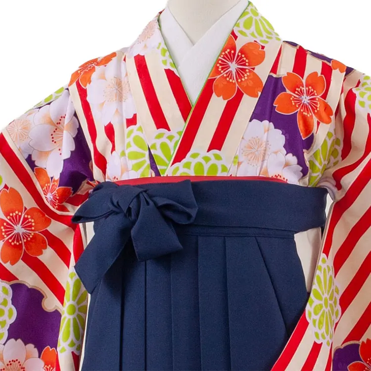 小学校卒業式かんたん袴（女の子） 赤×クリーム 桜菊 A003