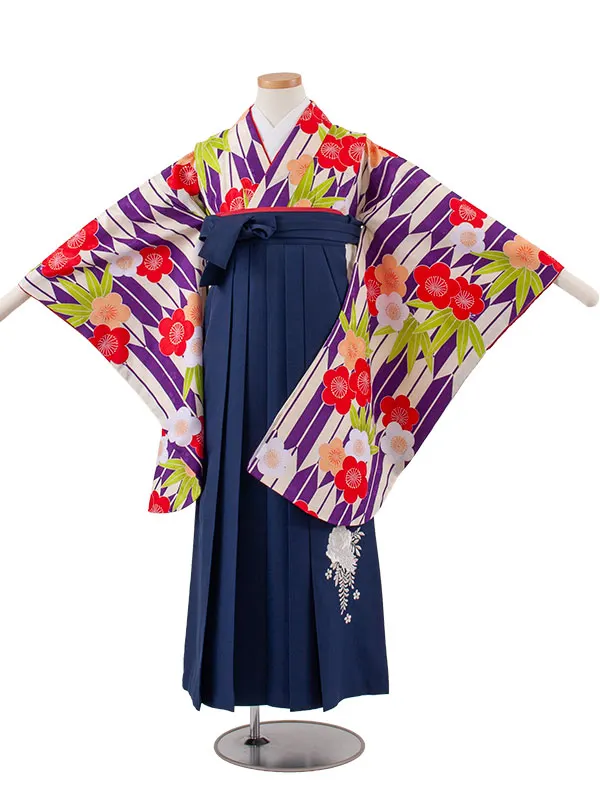 小学校卒業式かんたん袴（女の子） 紫地 矢絣 梅松 A004