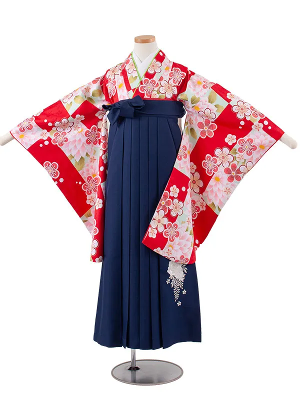 小学校卒業式かんたん袴（女の子） 赤地 梅 A008