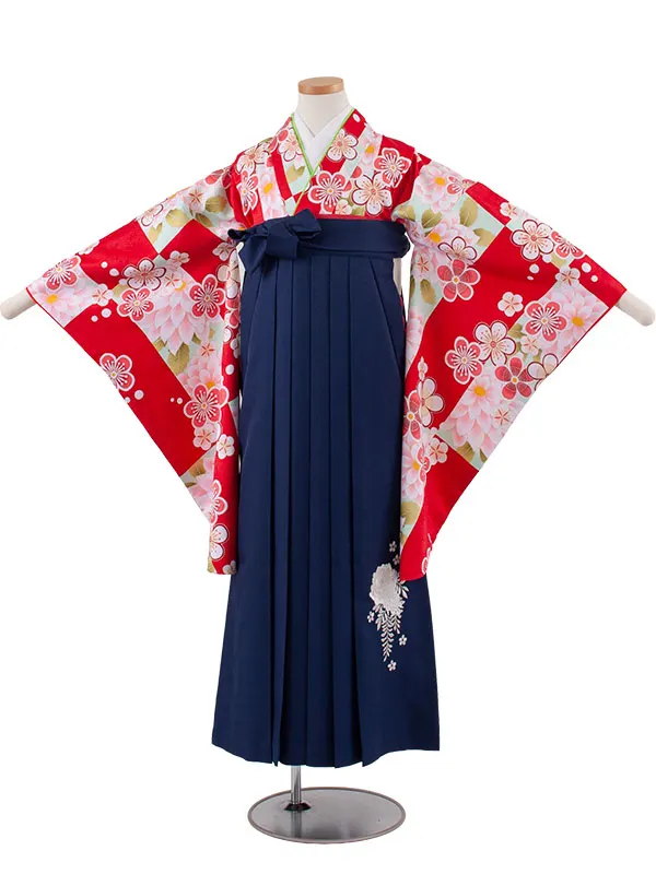 小学校卒業式かんたん袴（女の子） 赤地 梅 A008