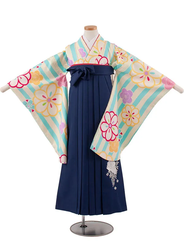 小学校卒業式かんたん袴（女の子） 空色×クリーム ストライプ 梅 A009