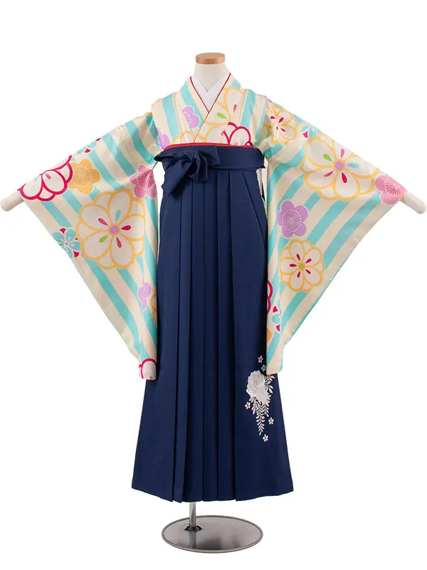 小学校卒業式かんたん袴（女の子） 空色×クリーム ストライプ 梅 A009