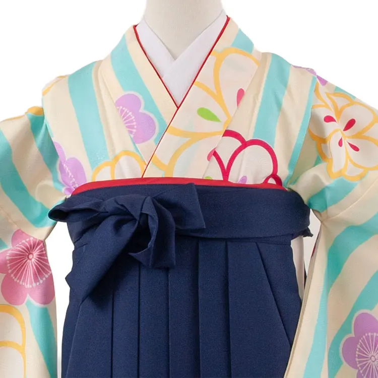 小学校卒業式かんたん袴（女の子） 空色×クリーム ストライプ 梅 A009