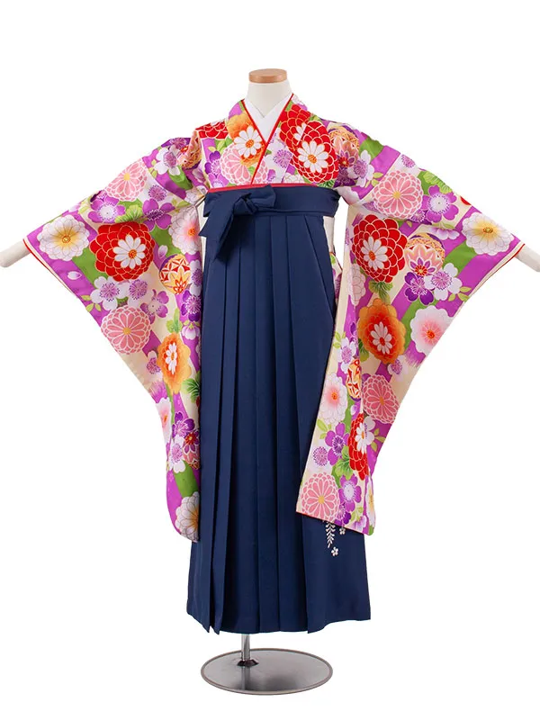 小学校卒業式かんたん袴（女の子） 紫×クリーム ストライプ 鞠菊 A010