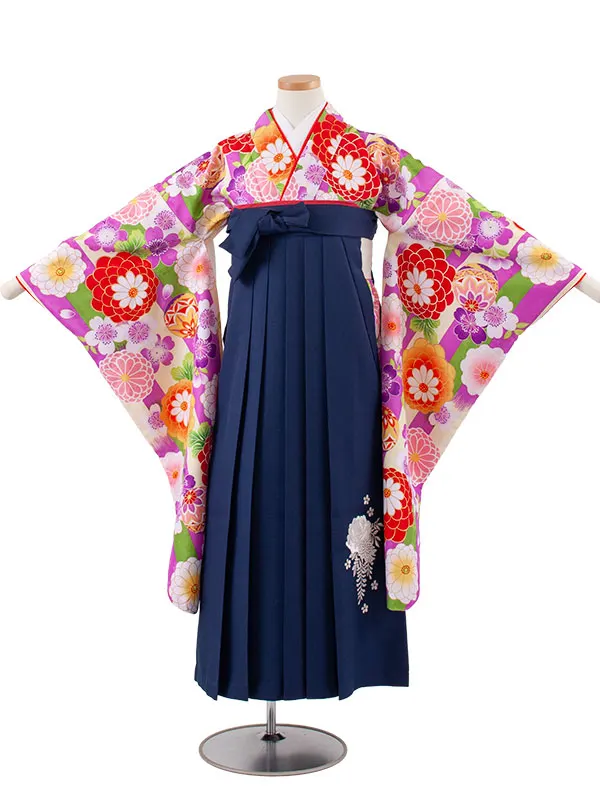 小学校卒業式かんたん袴（女の子） 紫×クリーム ストライプ 鞠菊 A010