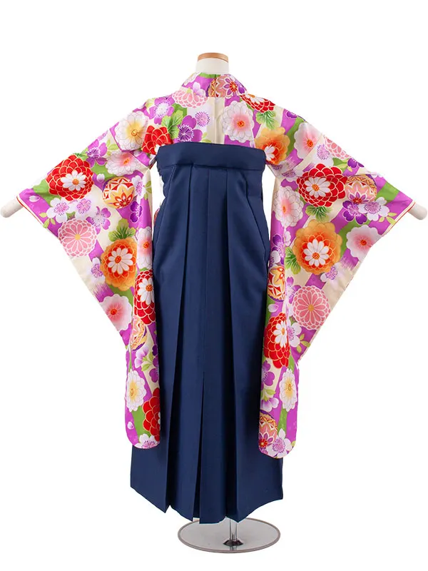 小学校卒業式かんたん袴（女の子） 紫×クリーム ストライプ 鞠菊 A010