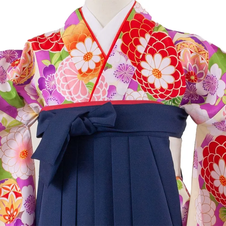 小学校卒業式かんたん袴（女の子） 紫×クリーム ストライプ 鞠菊 A010