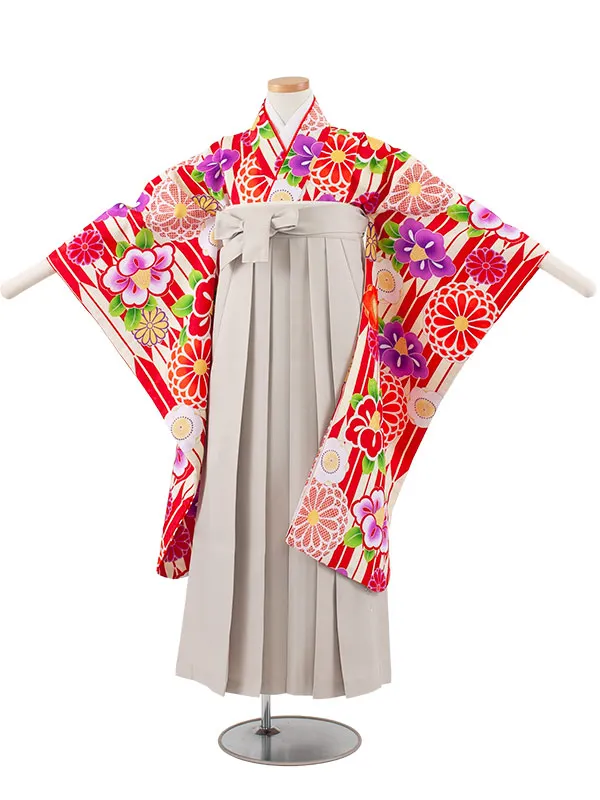 小学校卒業式かんたん袴（女の子） 赤地 矢絣 椿菊 A012