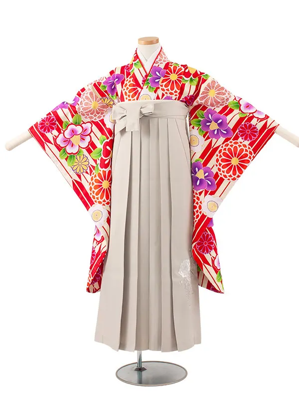 小学校卒業式かんたん袴（女の子） 赤地 矢絣 椿菊 A012