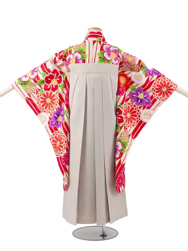 小学校卒業式かんたん袴（女の子） 赤地 矢絣 椿菊 A012