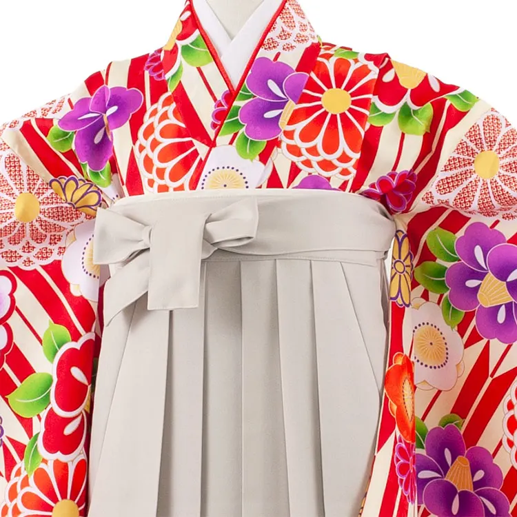 小学校卒業式かんたん袴（女の子） 赤地 矢絣 椿菊 A012