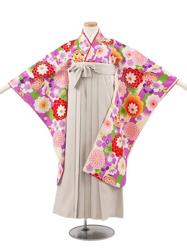 小学校卒業式かんたん袴（女の子） 紫×クリーム ストライプ 鞠菊 A013