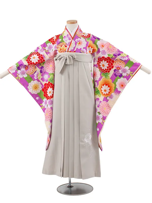 小学校卒業式かんたん袴（女の子） 紫×クリーム ストライプ 鞠菊 A013