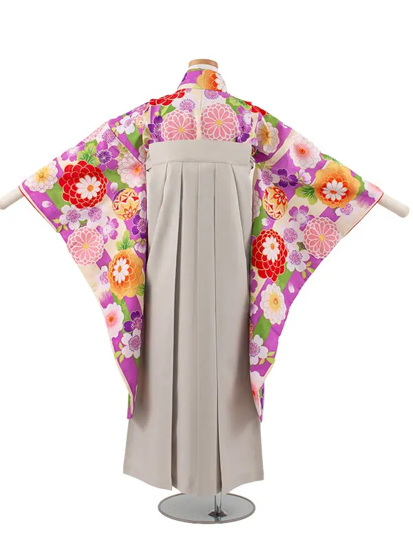 小学校卒業式かんたん袴（女の子） 紫×クリーム ストライプ 鞠菊 A013