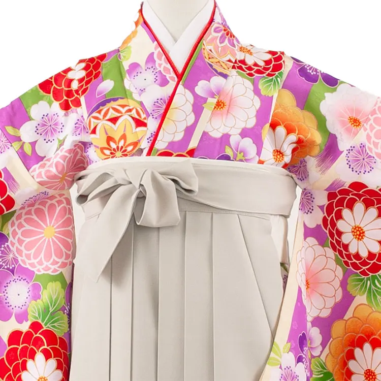 小学校卒業式かんたん袴（女の子） 紫×クリーム ストライプ 鞠菊 A013