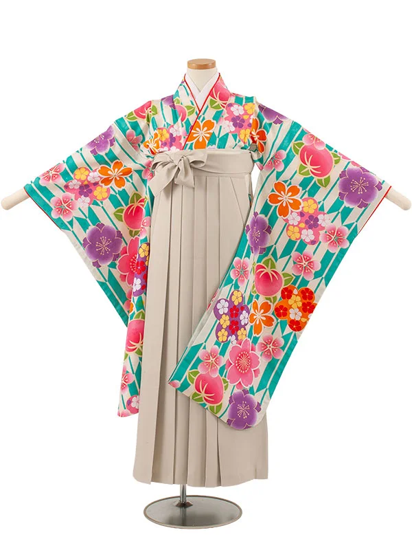 小学校卒業式かんたん袴（女の子） ナイルブルー 矢絣 桜 A014