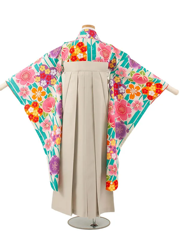 小学校卒業式かんたん袴（女の子） ナイルブルー 矢絣 桜 A014