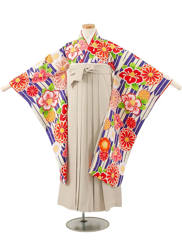 小学校卒業式かんたん袴（女の子） 青地 矢絣 椿菊 A015