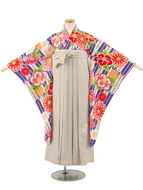 小学校卒業式かんたん袴（女の子） 青地 矢絣 椿菊 A015