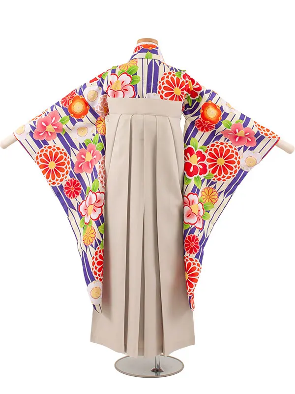 小学校卒業式かんたん袴（女の子） 青地 矢絣 椿菊 A015