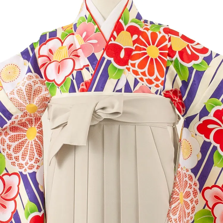 小学校卒業式かんたん袴（女の子） 青地 矢絣 椿菊 A015