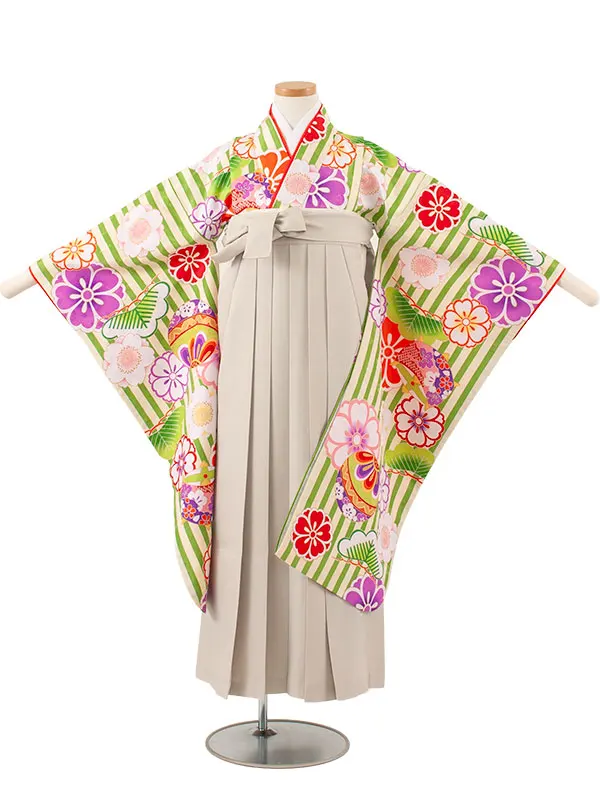 小学校卒業式かんたん袴（女の子） 黄緑×クリーム ストライプ 桜 A016