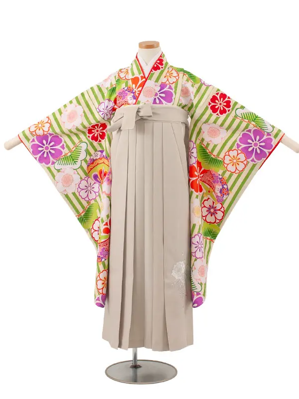 小学校卒業式かんたん袴（女の子） 黄緑×クリーム ストライプ 桜 A016