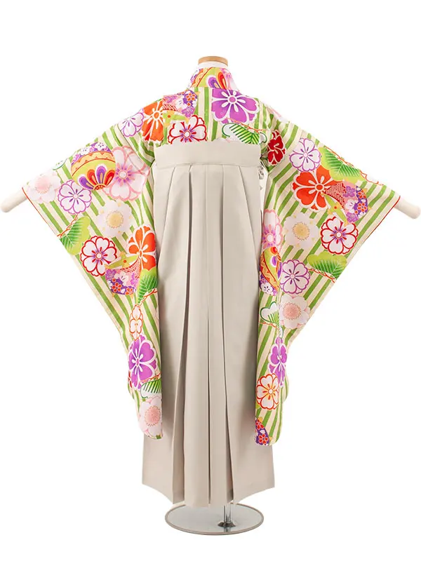 小学校卒業式かんたん袴（女の子） 黄緑×クリーム ストライプ 桜 A016