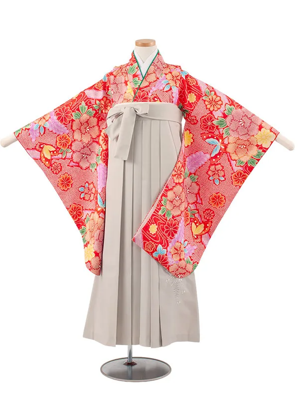 小学校卒業式かんたん袴（女の子） 赤地 絞り調 蝶 A017