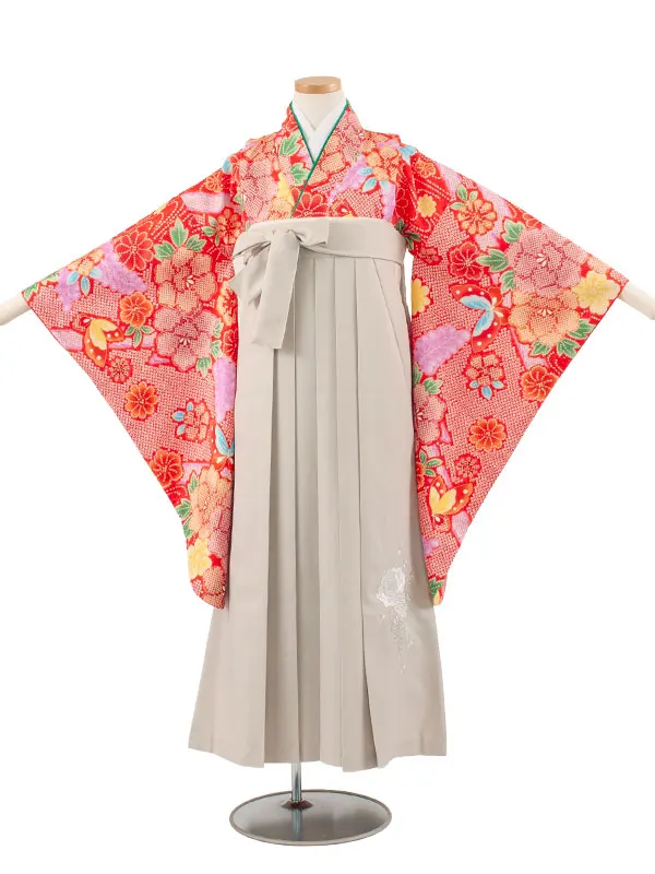 小学校卒業式かんたん袴（女の子） 赤地 絞り調 蝶 A017