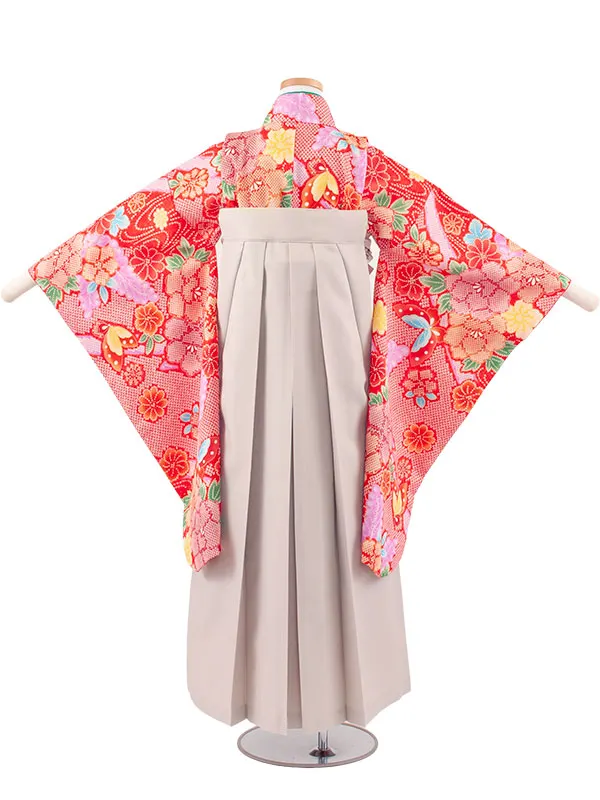 小学校卒業式かんたん袴（女の子） 赤地 絞り調 蝶 A017