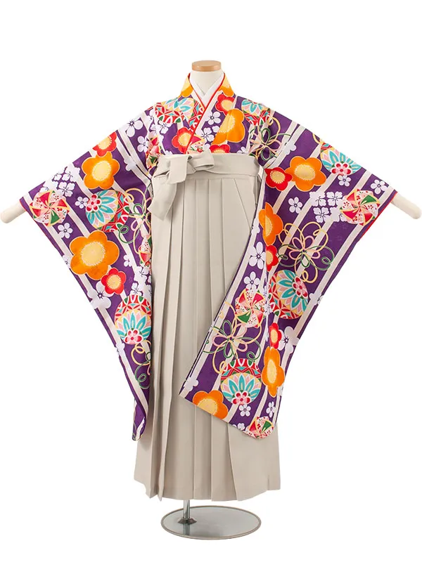 小学校卒業式かんたん袴（女の子） 紫×アイボリー 鞠梅 A020