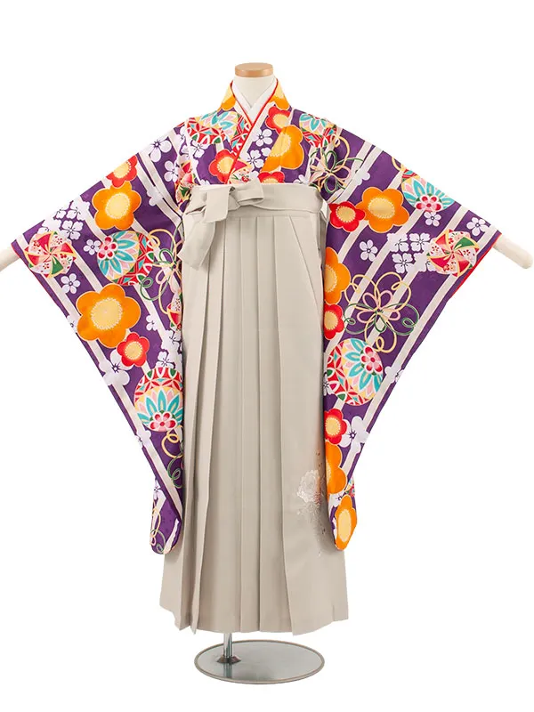小学校卒業式かんたん袴（女の子） 紫×アイボリー 鞠梅 A020