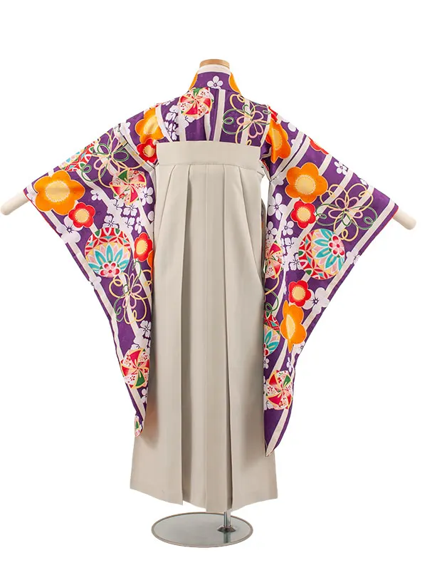 小学校卒業式かんたん袴（女の子） 紫×アイボリー 鞠梅 A020