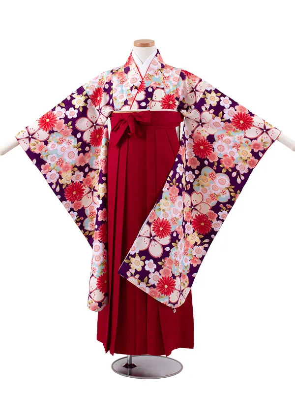 小学校卒業式かんたん袴（女の子） 紫地 桜 A021