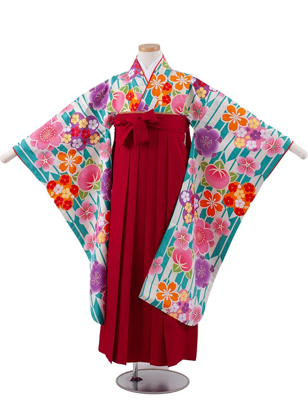 小学校卒業式かんたん袴（女の子） ナイルブルー 矢絣 桜 A022