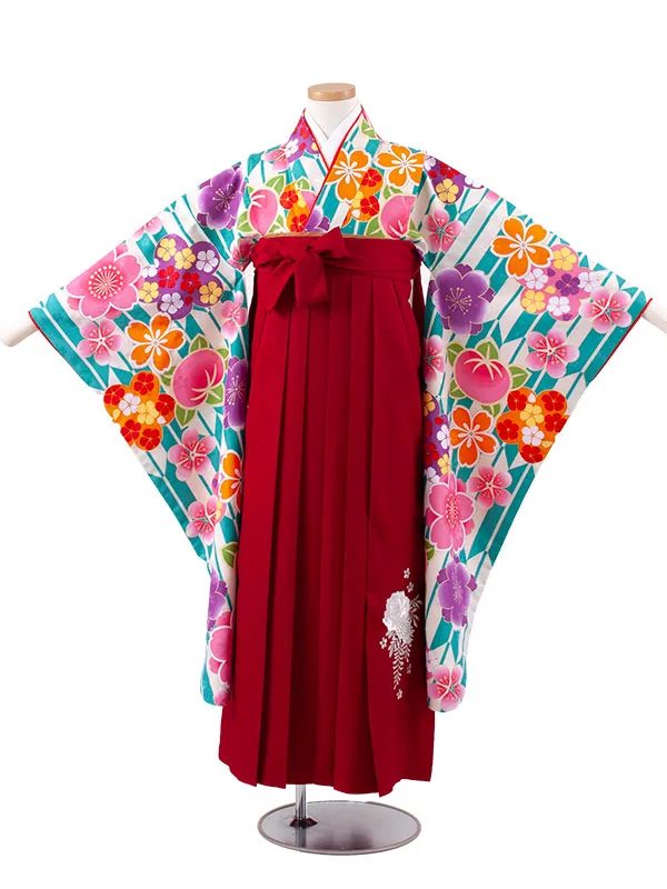 小学校卒業式かんたん袴（女の子） ナイルブルー 矢絣 桜 A022