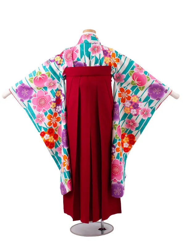 小学校卒業式かんたん袴（女の子） ナイルブルー 矢絣 桜 A022