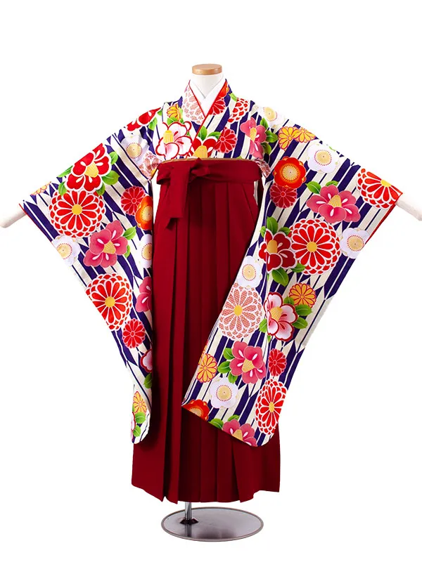 小学校卒業式かんたん袴（女の子） 青地 矢絣 椿菊 A023