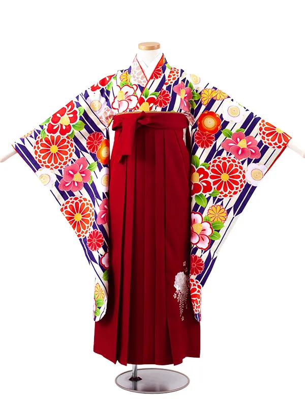 小学校卒業式かんたん袴（女の子） 青地 矢絣 椿菊 A023