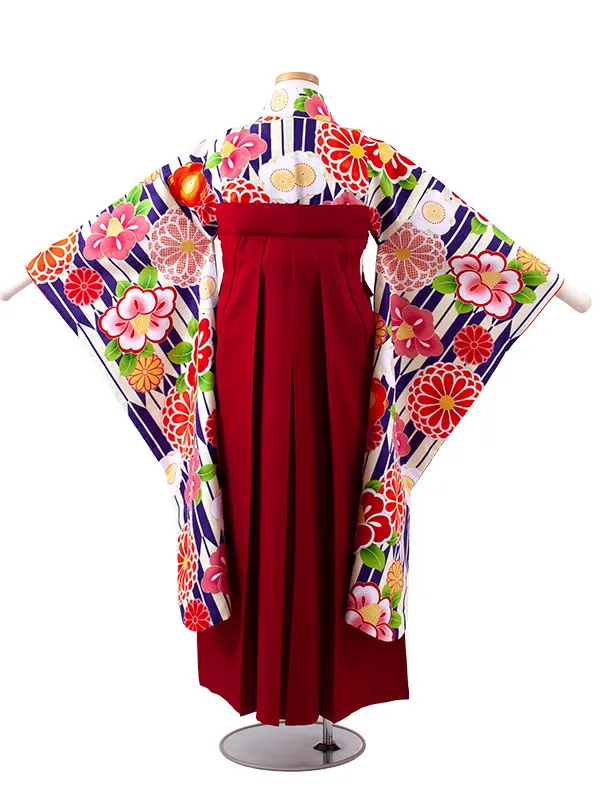 小学校卒業式かんたん袴（女の子） 青地 矢絣 椿菊 A023