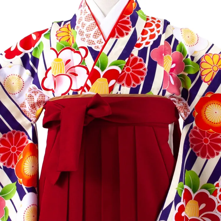 小学校卒業式かんたん袴（女の子） 青地 矢絣 椿菊 A023