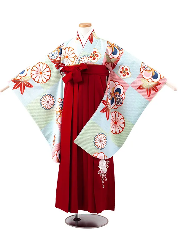 小学校卒業式かんたん袴（女の子） ベビーブルー ねじり梅 菊 A024